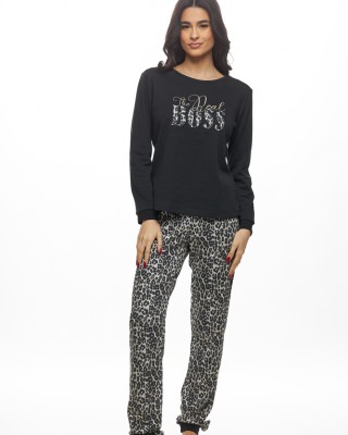 GALAXY - Γυναικεία Χειμερινή Πυτζάμα Βαμβακερή "The Real Boss" #814 Μαύρο