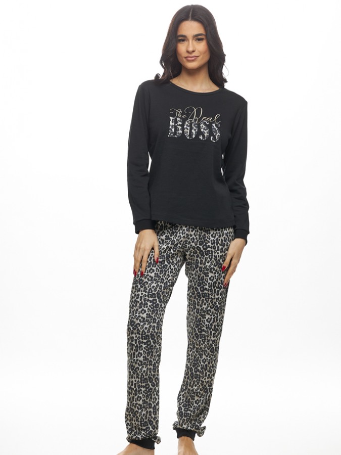 GALAXY - Γυναικεία Χειμερινή Πυτζάμα Βαμβακερή "The Real Boss" #814 Μαύρο