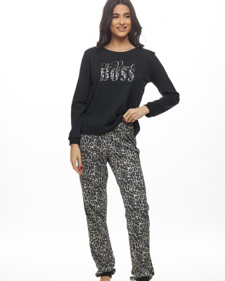 GALAXY - Γυναικεία Χειμερινή Πυτζάμα Βαμβακερή "The Real Boss" #814 Μαύρο