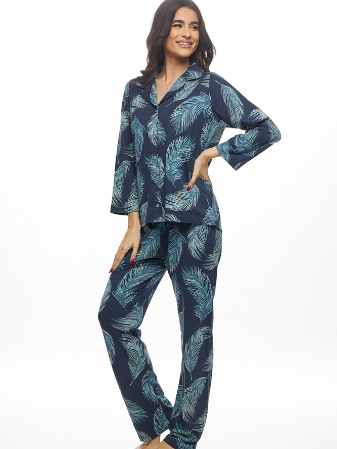 GALAXY - Γυναικεία Χειμερινή Πυτζάμα Βαμβακερή με Κουμπιά #824 Μπλε