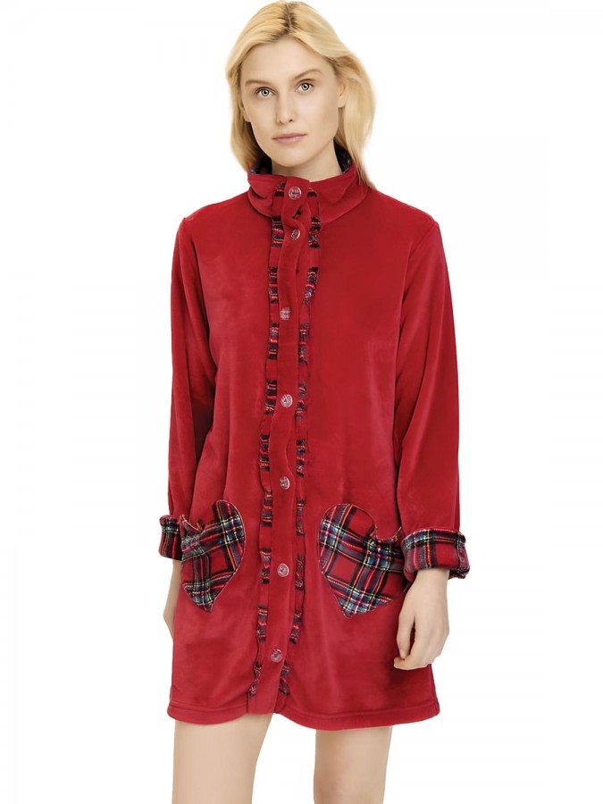 NOIDINOTTE - Γυναικεία Ρόμπα Heart Coral Fleece με κουμπιά - GE1977 Κόκκινο