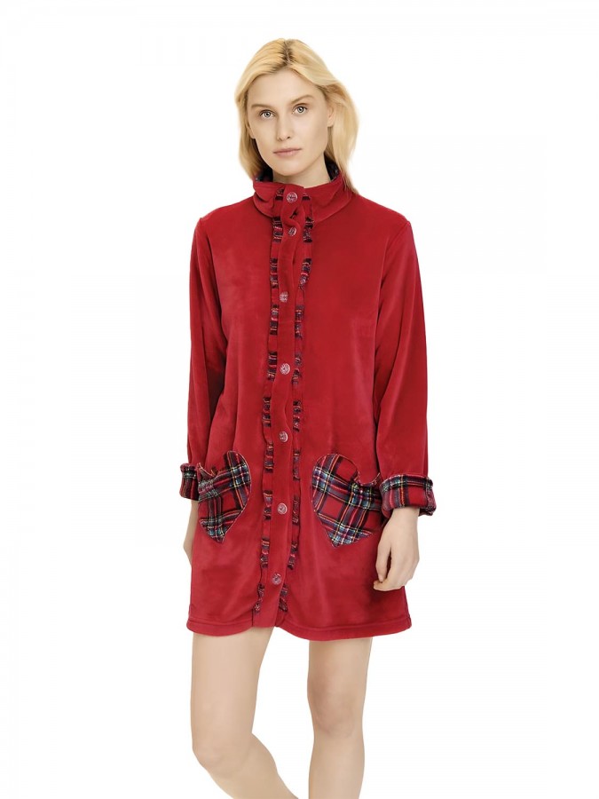 NOIDINOTTE - Γυναικεία Ρόμπα Heart Coral Fleece με κουμπιά - GE1977 Κόκκινο