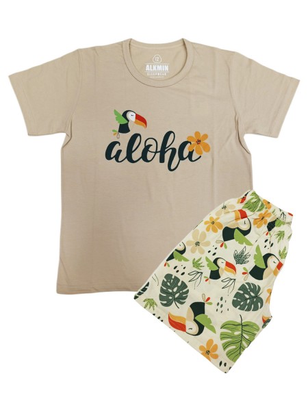 ALKMIN Εφηβική Πιτζάμα Καλοκαιρινή για κορίτσι 12-16 ετών #223-0757 Μπεζ