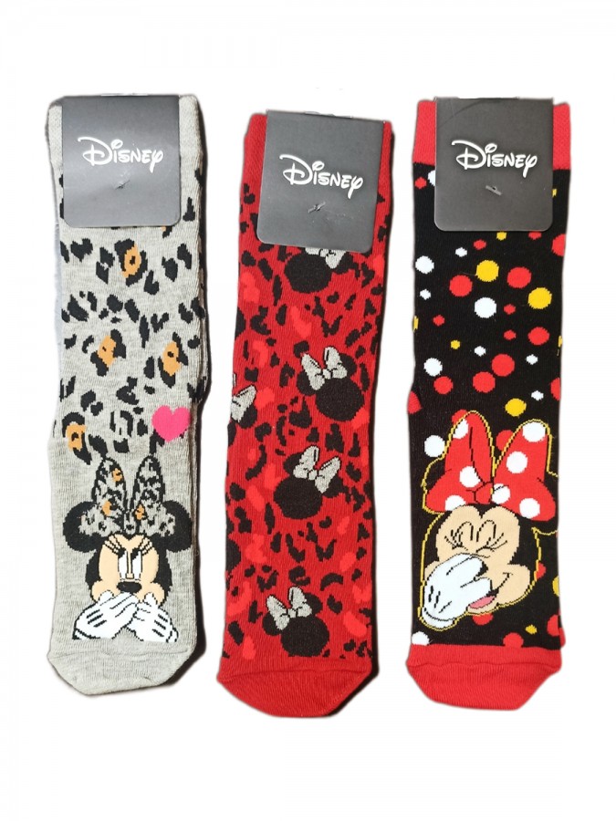 DISNEY Kάλτσες ψηλές με σχέδια σετ 3 ζεύγη #MN21078 Minnie Mouse (μαύρο-κόκκινο-γκρι)