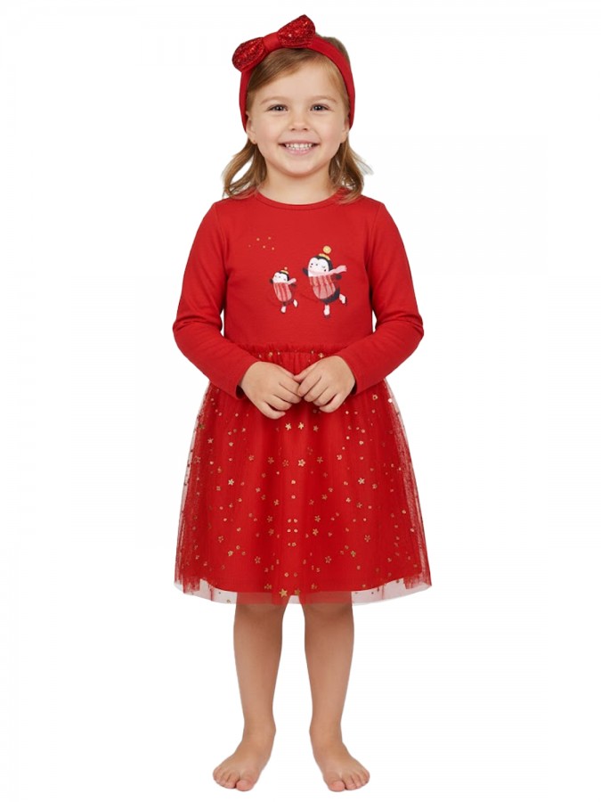 ENERGIERS Μακό χριστουγεννιάτικο φόρεμα με ασορτί κορδέλα για κορίτσι 1-6 ετών| 15-122380-7 ΚΟΚΚΙΝΟ