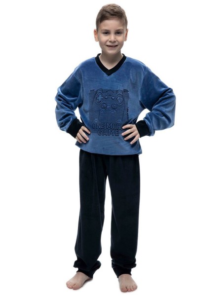 GALAXY Παιδική Πυτζάμα Χειμωνιάτικη Βελουτέ για αγόρι 8-16 Ετών One More Game #138 Μπλε