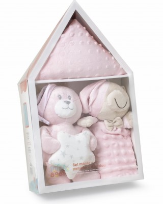 Σετ Δώρου 3 τεμαχίων “Casita” – Μπλε Κουβέρτα + Πετρούλα & Dou-Dou 3τμχ #Set25 Ροζ