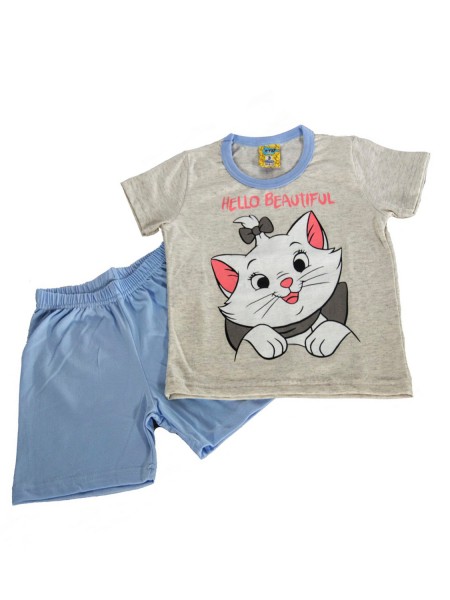 LIKE Παιδική Πυτζάμα Καλοκαιρινή για κορίτσι 1-5 ετών Γάτα #221-0304 Γκρι-Γαλάζιο