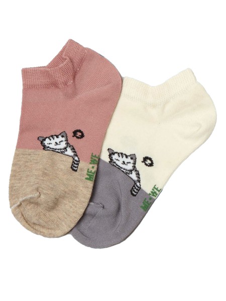 MEWE Kάλτσες ψηλές σετ 2 ζεύγη με σχέδιο γάτα #3-0221 Σομόν